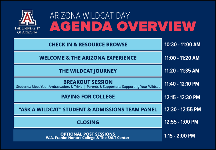  rt MA1.125111( ARIZONA  ARIZONA WILDCAT DAY AGENDA OVERVIEW  CHECK IN & RESOURCE BROWSE  Er WELCOME & THE ARIZONA EXPERIENCE  p  THE WILDCAT JOURNEY   BREAKOUT SESSION Students: Meet Your Ambassadors & Trivia I Parents & Supporters: Supporting Your Wildcat  PAYING FOR COLLEGE  "ASK A WILDCAT" STUDENT & ADMISSIONS TEAM PANEL  CLOSING  OPTIONAL POST SESSIONS W.A. Franke Honors College & The SALT Center  10:30 - 11:00 AM 11:00 - 11:20 AM 11:20 - 11:35 AM 11:40 - 12:10 PM 12:15 - 12:30 PM 12:30 - 12:55 PM 12:55 - 1:00PM 1:15 - 2:00PM 