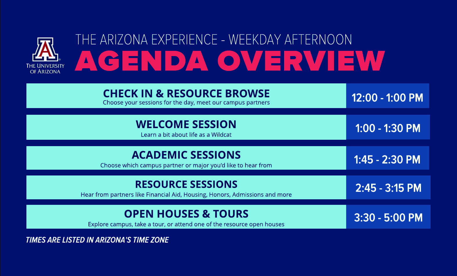 THE UNIVERSITY OF ARIZONA  THE ARIZONA EXPERIENCE - WEEKDAY MORNING AGENDA OVERVIEW   12:00 - 1:00 PM CHECK-IN & RESOURCE BROWSE  Choose your sessions for the day, meet our campus partners   1:00 - 1:30 PM WELCOME SESSION  Learn a bit about life as a Wildcat   1:45 - 2:30 PM ACADEMIC SESSIONS  Choose which campus partner or major you'd like to hear from   2:45 - 3:15 PM RESOURCE SESSIONS  Hear from partners like Financial Aid, Housing, Honors, Admissions and more   3:30 - 5:00 PM OPEN HOUSES & TOURS  Explore campus, take a tour, or attend one of the resource open houses   TIMES ARE LISTED IN ARIZONA'S TIME ZONE 