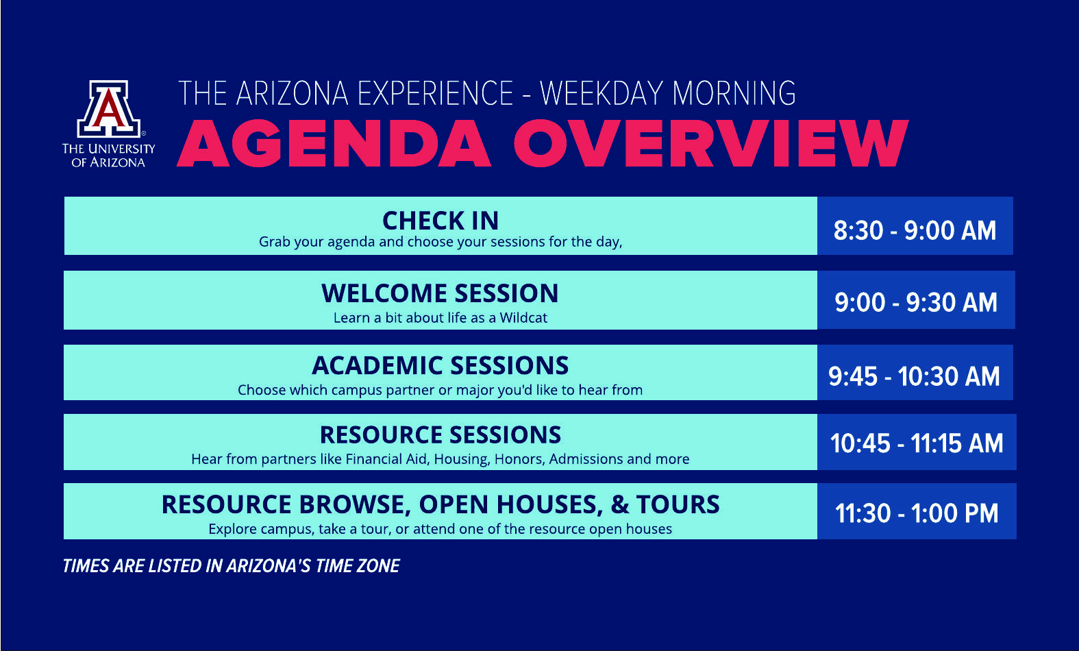 THE UNIVERSITY OF ARIZONA  THE ARIZONA EXPERIENCE - WEEKDAY MORNING AGENDA OVERVIEW   8:30 - 9:00 AM  CHECK-IN & RESOURCE BROWSE  Choose your sessions for the day, meet our campus partners   9:00 - 9:30 AM  WELCOME SESSION  Learn a bit about life as a Wildcat   9:45 - 10:30 AM  ACADEMIC SESSIONS  Choose which campus partner or major you'd like to hear from   10:45 - 11:15 AM RESOURCE SESSIONS  Hear from partners like Financial Aid, Housing, Honors, Admissions and more   11:30 - 1:00 PM OPEN HOUSES & TOURS  Explore campus, take a tour, or attend one of the resource open houses   TIMES ARE LISTED IN ARIZONA'S TIME ZONE 